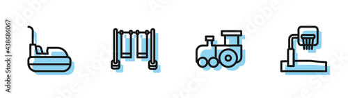Set line Toy train, Bumper car, Double swing and Basketball backboard icon. Vector