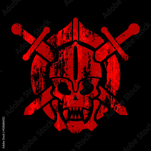 Skull in helmet symbol, shield and swords. Grung background with skull. Vector illustration