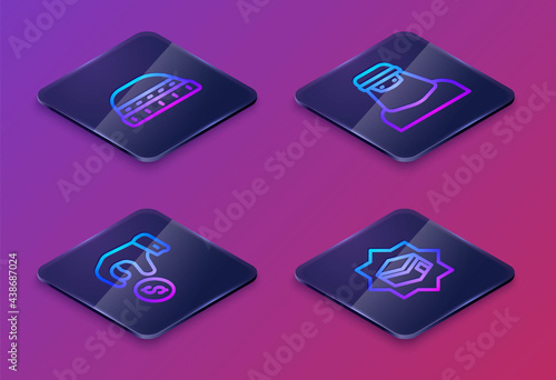Set Isometric line Muslim hat for prayer, Donate pay your zakat, woman in niqab and Kaaba mosque. Blue square button. Vector
