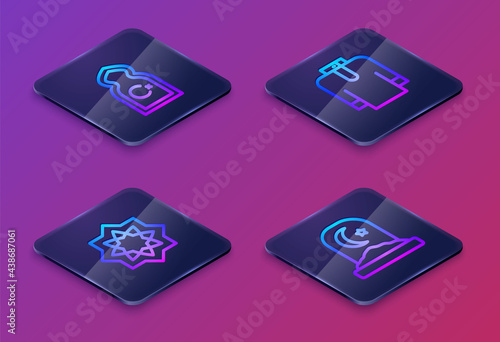 Set Isometric line Muslim Mosque, Octagonal star, Shirt kurta and cemetery. Blue square button. Vector