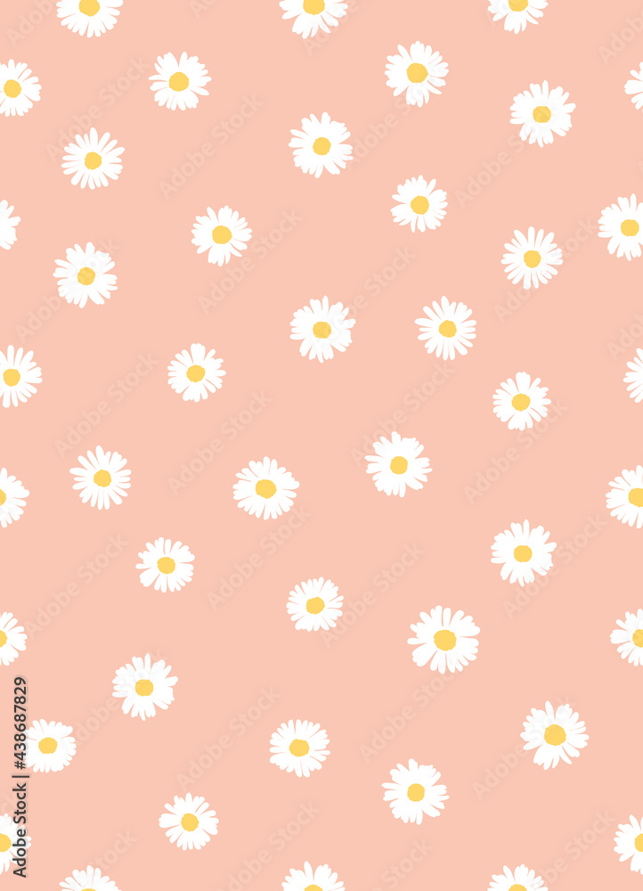 Cute Daisies Seamless Pattern on Pink Background. Simple Hand Drawn Vector Illustration. Great for Textile, Fabric Prints, Wrapping Paper.