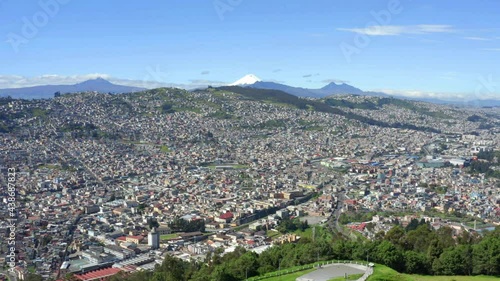 Aerial view of Quito, the capital of Ecuador with the Cotopaxi vulcano in the background