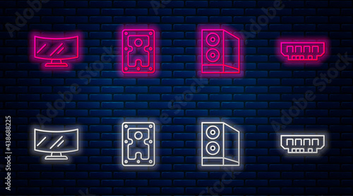 Set line Hard disk drive HDD, Case of computer, Computer monitor screen and RAM, random access memory. Glowing neon icon on brick wall. Vector