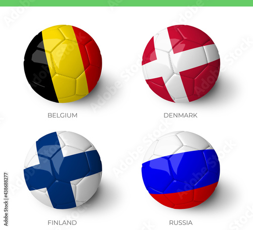 Balls with Belgium Denmark Finland Russia flags isolated on white background.