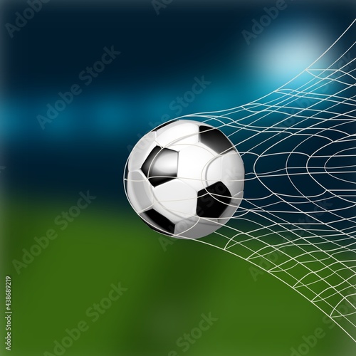 A soccer ball in the net. Isolated on the background of a football field.
