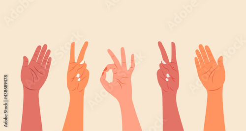 banner of arms of different ethnicities and colors making positive gestures. equity concept for all.