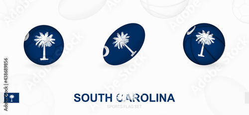 Sports icons for football, rugby and basketball with the flag of South Carolina.