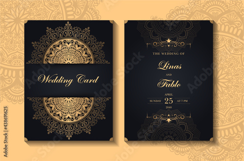 Black gold wedding invitation poster Template , Luxury Wedding card design with mandala, invitations  Card with mandala pattern. Vector vintage hand-drawn