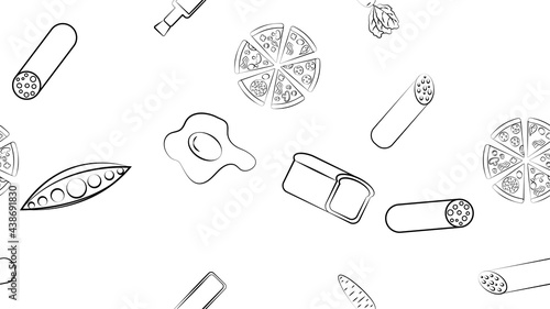 Black and white endless seamless pattern of food and snack items icons set for restaurant bar cafe: pizza, sausage, olive oil, bread, egg, peas, carrots. The background
