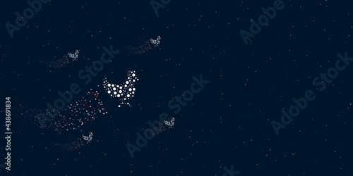 A chicken symbol filled with dots flies through the stars leaving a trail behind. Four small symbols around. Empty space for text on the right. Vector illustration on dark blue background with stars