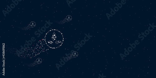 A ecology symbol filled with dots flies through the stars leaving a trail behind. Four small symbols around. Empty space for text on the right. Vector illustration on dark blue background with stars