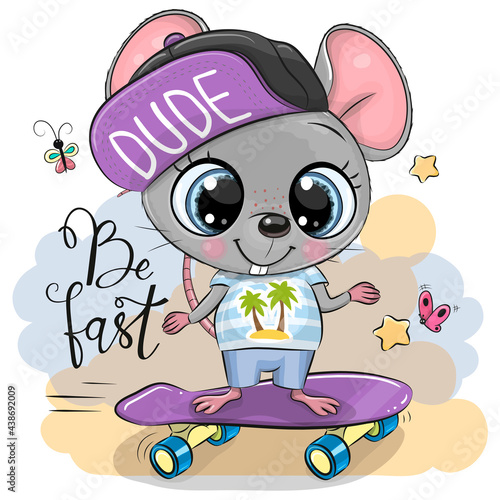 Mouse with a purple cap and a skateboard