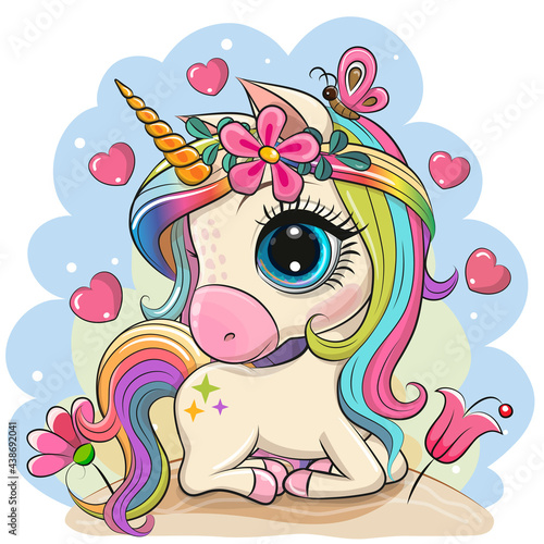 Cartoon Unicorn in a pink dress with butterfly on a blue background