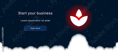 Business startup concept Landing page screen. The water lily symbol on the right is highlighted in bright red. Vector illustration on dark blue background with stars and curly clouds from below