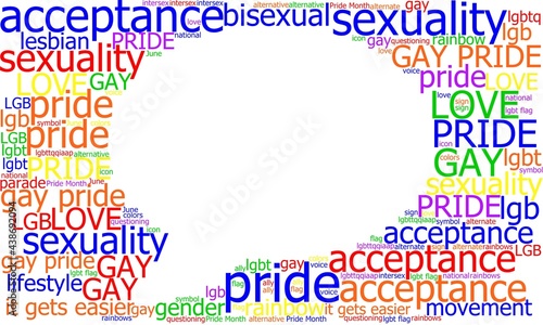 LGB pride word cloud forms a blank speech bubble, dialog balloon, concept for gay pride, discussion, community, background, wallpaper graphic with space for text, copy