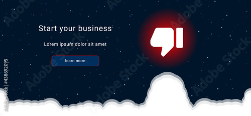 Business startup concept Landing page screen. The thumb down symbol on the right is highlighted in bright red. Vector illustration on dark blue background with stars and curly clouds from below