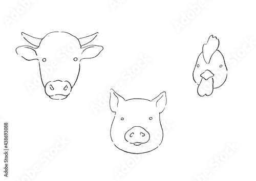 牛と豚と鶏の顔のイラスト-手描き