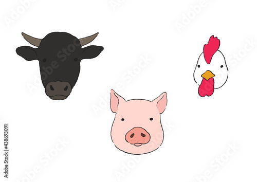 牛と豚と鶏の顔のイラスト-手描き