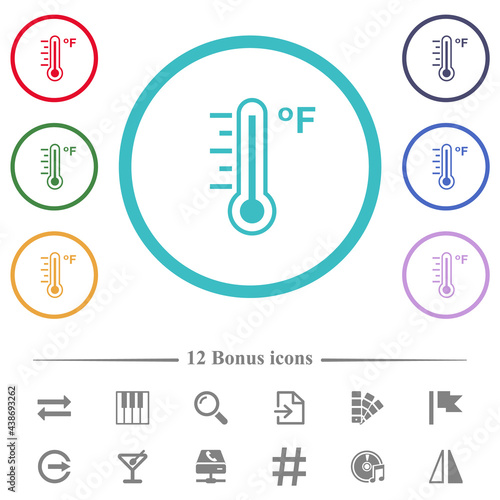 Fahrenheit thermometer warm temperature flat color icons in circle shape outlines