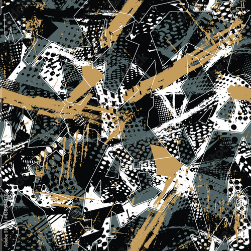 Abstract seamless geometric haotic pattern with scuffed, drops, sprays.  background for vinyl wrap and decal. Grunge urban repeated backdrop for textile, sport wear, print.