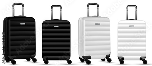 Suitcase isolated on white. Set of silver travel baggage bag or plastic luggage on white background. Summer vacation and product advertisement concept.