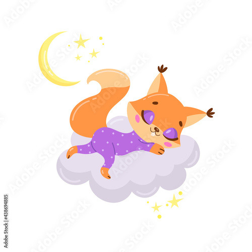 Vector illustration of a cute cartoon squirrel sleeping on a cloud. Baby animals are sleeping.