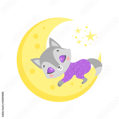 Vector illustration of a cute cartoon wolf sleeping on the moon. Baby animals are sleeping.