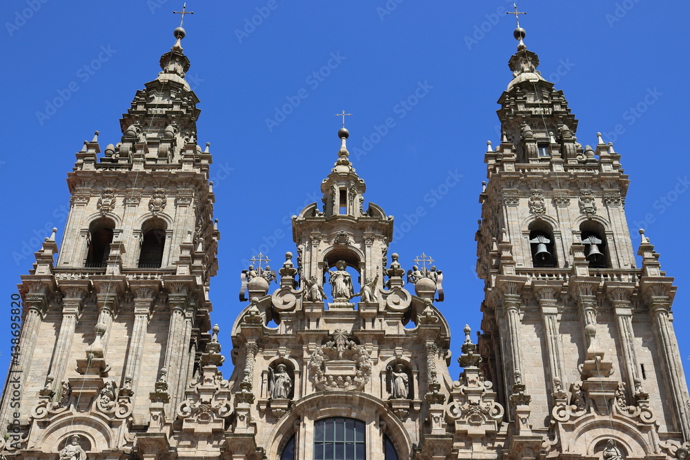 Towers of the facade of the cathedral of santiago de compostela, in the Obradoiro square (Galicia, Spain).
