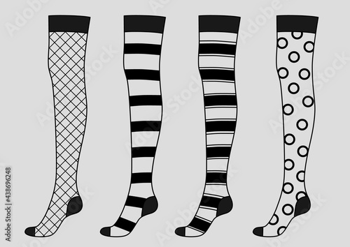 Set of women's stockings on the leg. Different patterns