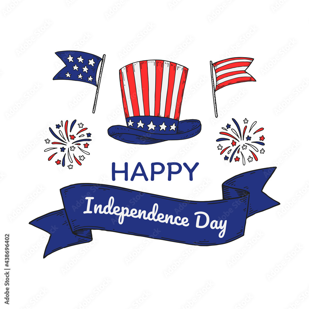 Happy USA Independende Day design with flags and cap. 4th of July. Hand drawn vector illustration