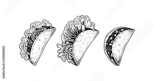 Set of hand drawn Mexican tacos. Vector illustration in sketch style