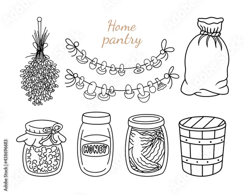 Home pantry doodle set. Preserved vegan food, glass jar of jam, canned honey and pickles, wooden bucket,  canvas sack, dried lavender and mushrooms on the rope. Vector elements isolated, coloring page