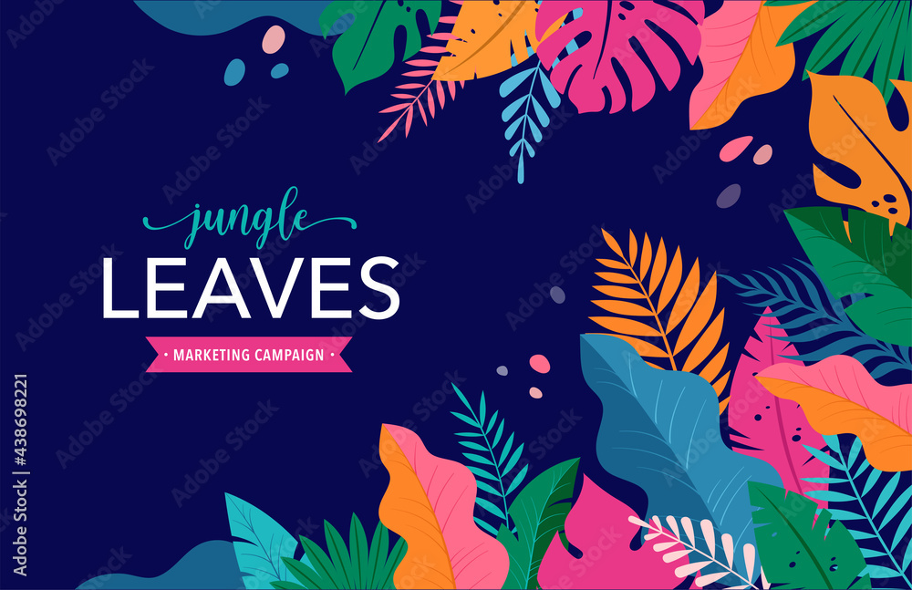 Fototapeta premium Hello Summer concept design, summer panorama, abstract illustration with jungle exotic leaves, colorful design, summer background and banner