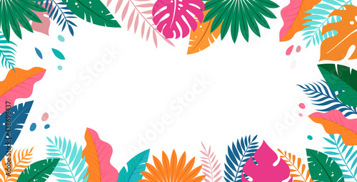 Hello Summer concept design, summer panorama, abstract illustration with jungle exotic leaves, colorful design, summer background and banner