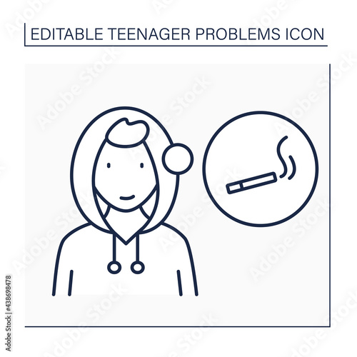 Smoke trying line icon. Desire to be older due to smoking cigarettes or using other narcotic drugs. Self-expression. Teenager problem concept. Isolated vector illustration. Editable stroke