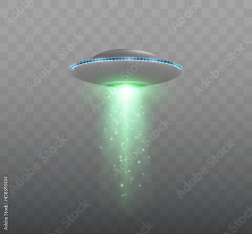 UFO spaceship with light beam isolated on transparent background. Vector illustration