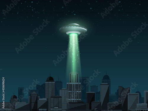 UFO spaceship with a light beam flying over the city. UFO day Vector illustration