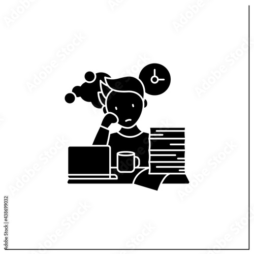 Work procrastinating glyph icon.Unnecessarily postpone dealing work-related tasks. Tired person.Overload concept.Filled flat sign. Isolated silhouette vector illustration