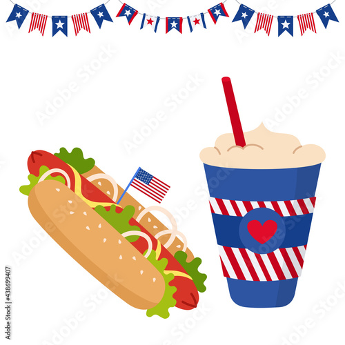 American Independence Day card fast food with flag. Cup coffee to go and Hot dog with USA flags, garland bunting. American patriotic independence festival. Soda takeaway. Isolated vector illustration