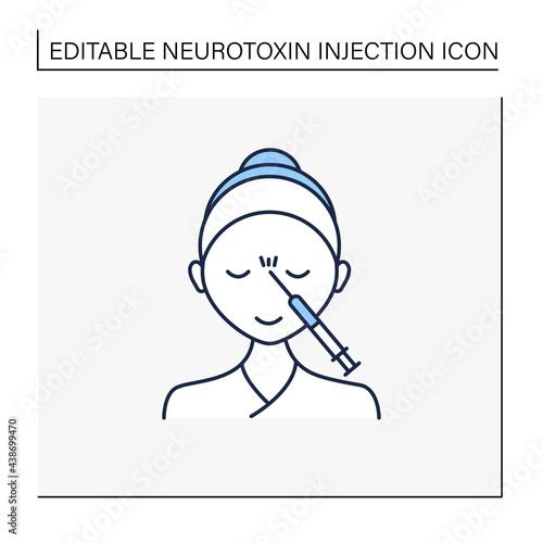 Cosmetic injection line icon.Woman doing injection between eyebrows. Rejuvenation. Beauty cosmetic procedure.Isolated vector illustration.Editable stroke