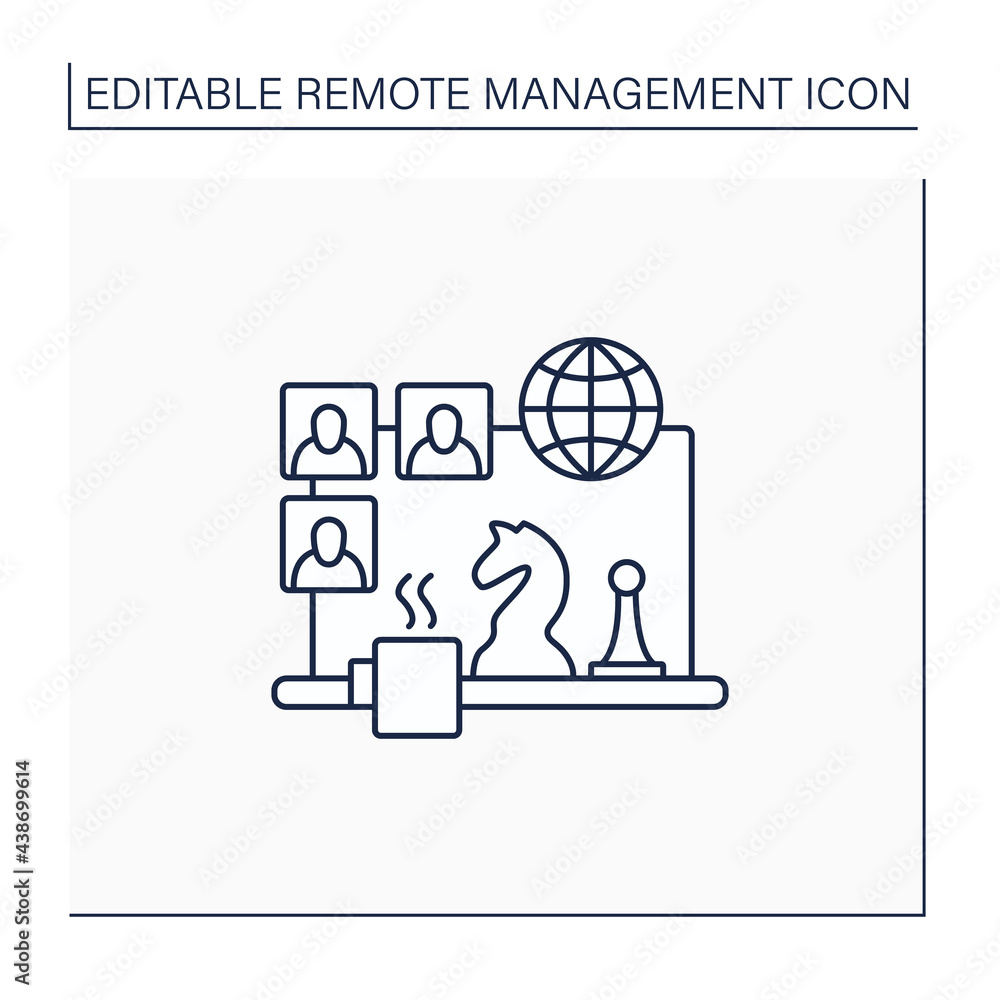 Team building games line icon. Virtual gameplay. Online communication. Friendly atmosphere.Chess. Video chat. Remote management concept.Isolated vector illustration. Editable stroke Team building games line icon. Virtual gameplay. Online communication. Friendly atmosphere.Chess. Video chat. Remote management concept.Isolated vector illustration. Editable stroke