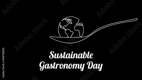 Sustainable Gastronomy Day June 18. Simple planet and spoon. Minimalist web banner, gastronomy day vector illustration. One continuous line drawing.