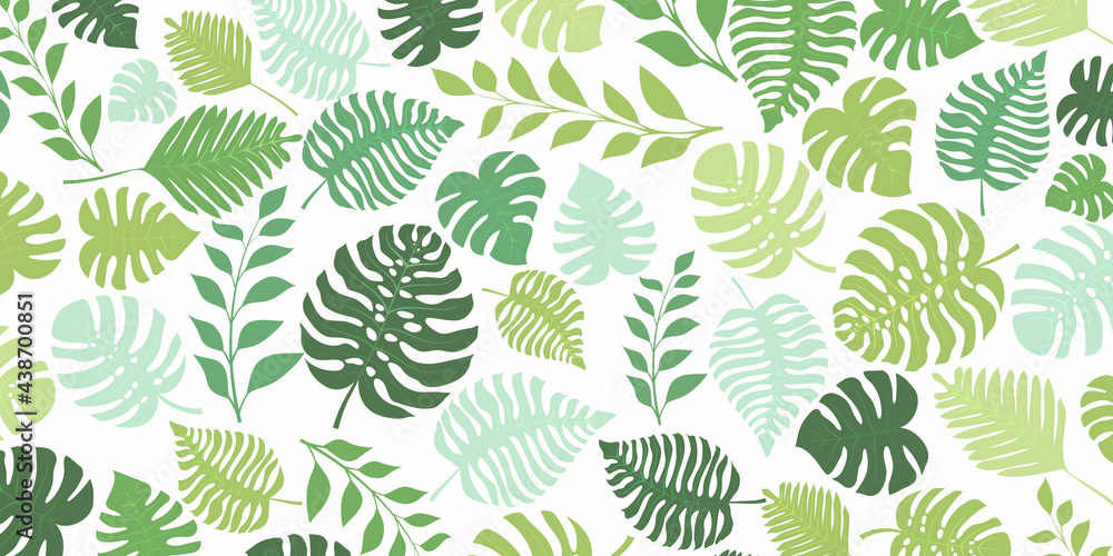 Background with exotic jungle plants. Tropical palm leaves. Rainforest illustration in green colors. - obrazy, fototapety, plakaty 