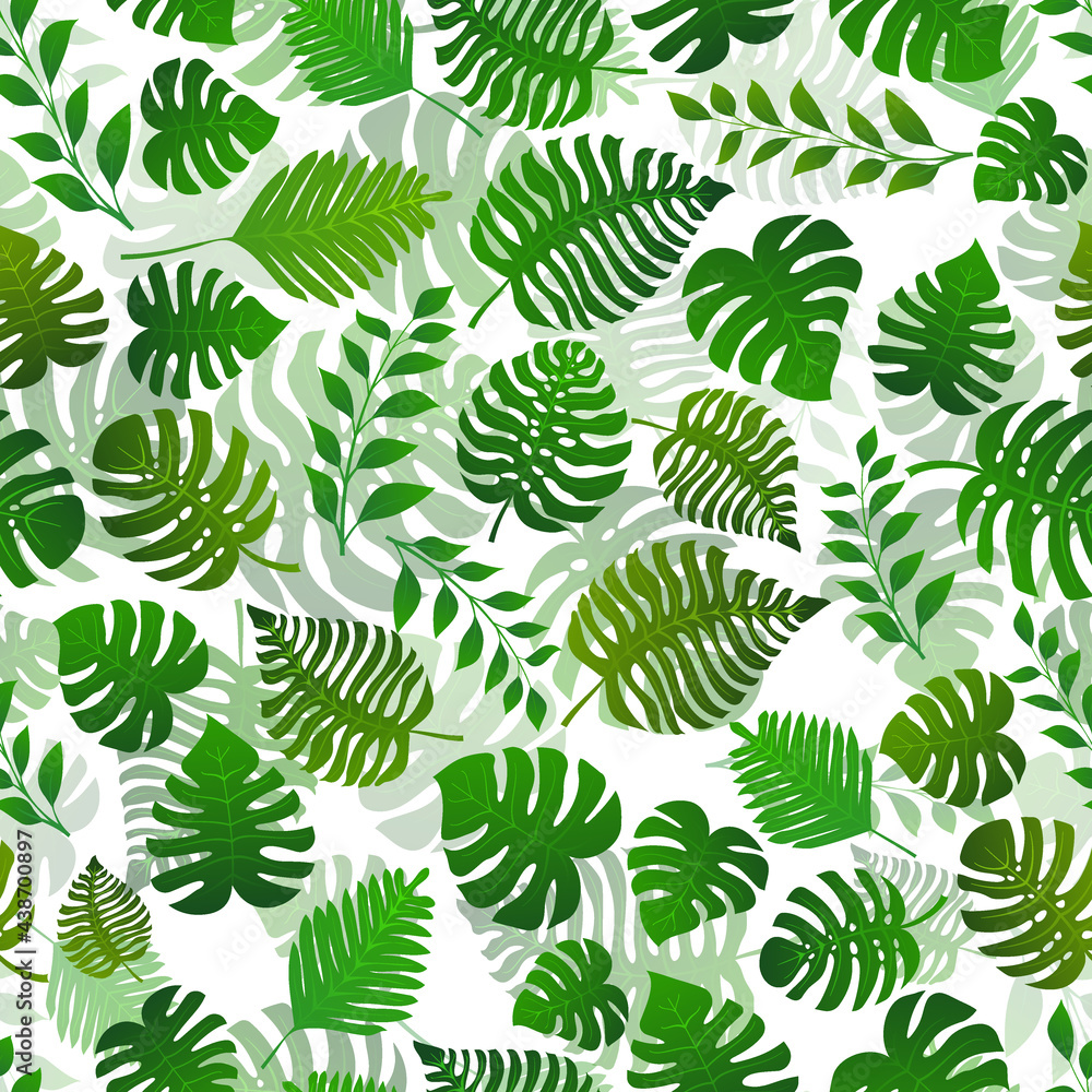 Seamless pattern with exotic jungle plants. Tropical palm leaves. Rainforest illustration, in green colors.