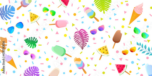 Summer background with colored popsicles, icecream in waffle cones, pieces of watermelon, glasses and palm leaves.