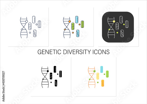 Genetic diversity icons set.Diversity of genes existing in the world.Contributes to multiplicity of life forms.Collection of icons in linear, filled, color styles.Isolated vector illustrations 