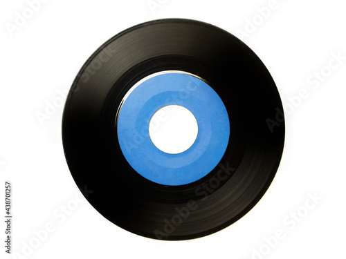 Early 1970s  45 rpm single record with large central hole, with blue label .  EP record or analog disc ( 7 inch), isolated on white. photo