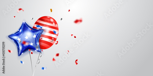 Background with several colored balloons in the colors of the USA flag and pieces of shiny serpentine. Illustration for the Independence Day of the United States of America