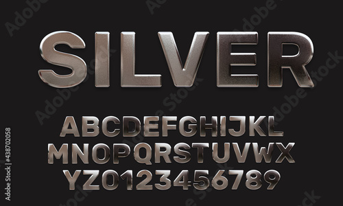 Alphabet letter set and numbers with glossy metal texture (chrome, steel, silver), metal abc, 3D rendering, bold typeface, creative uppercase font design for poster, banner, cover photo