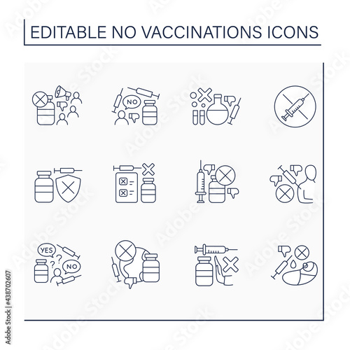 No vaccination line icons set. Vaccination refused. People avoid group inoculation. Fight against covid19 concept. Isolated vector illustrations. Editable stroke